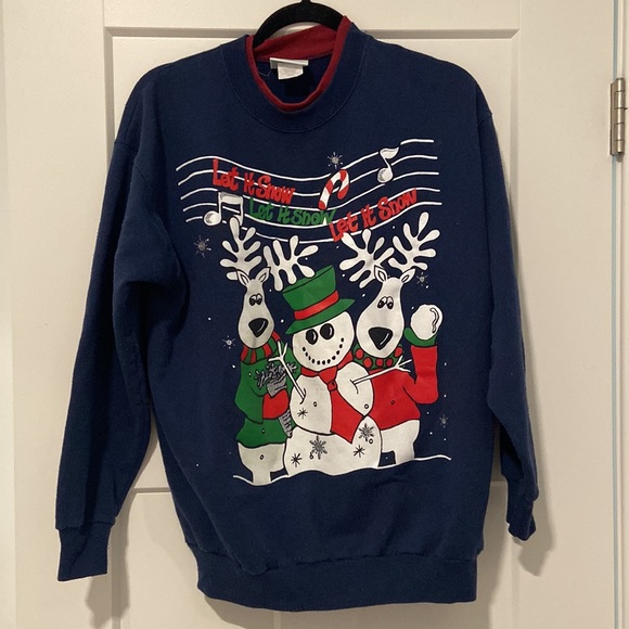 Vintage Holiday Sweatshirt Medium MC Sportwear let it snow reindeer & snowman 90 - Picture 1 of 13